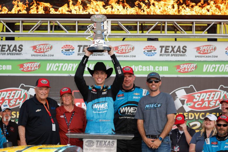 Carson Hocevar celebrates win at Texas Motor Speedway.