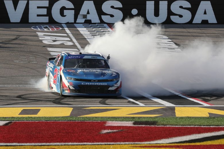 Austin Hill spins at checkered flag