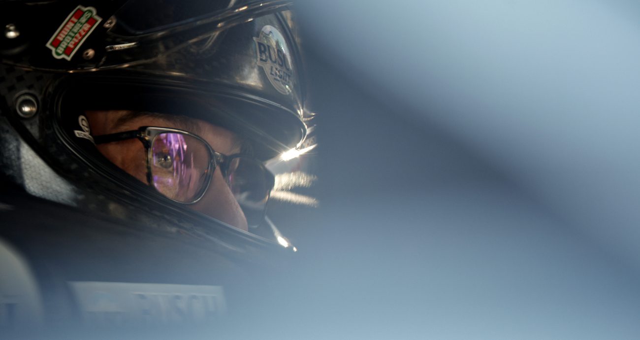 A close up of Kevin Harvick's eye shown through his glasses.