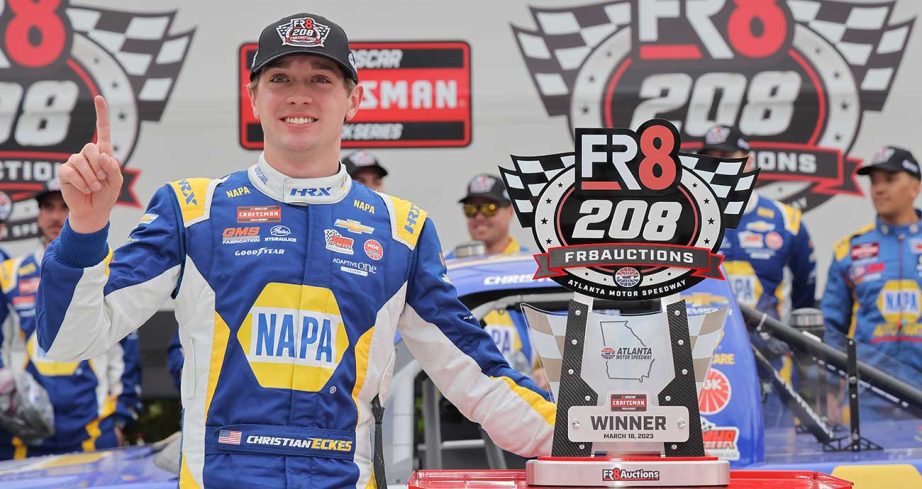 Christian Eckes celebrates in Victory Lane after his Craftsman Truck Series win at Atlanta Motor Speedway