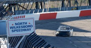 Carson Hocevar's truck exits Turn 4 during Craftsman Truck Series tire testing at North WIlkesboro Speedway