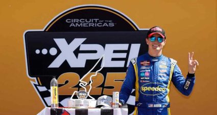 Zane Smith poses with the winning trophy in Victory Lane at COTA.