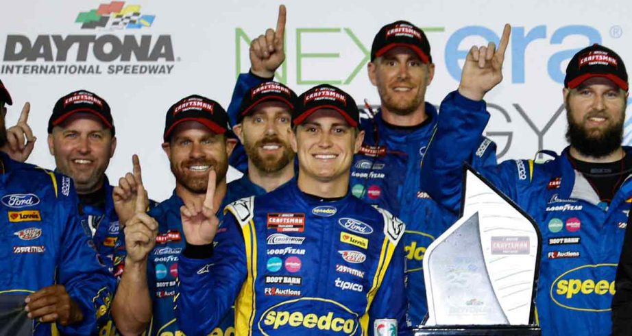 Zane Smith celebrates Truck Series win at Daytona.