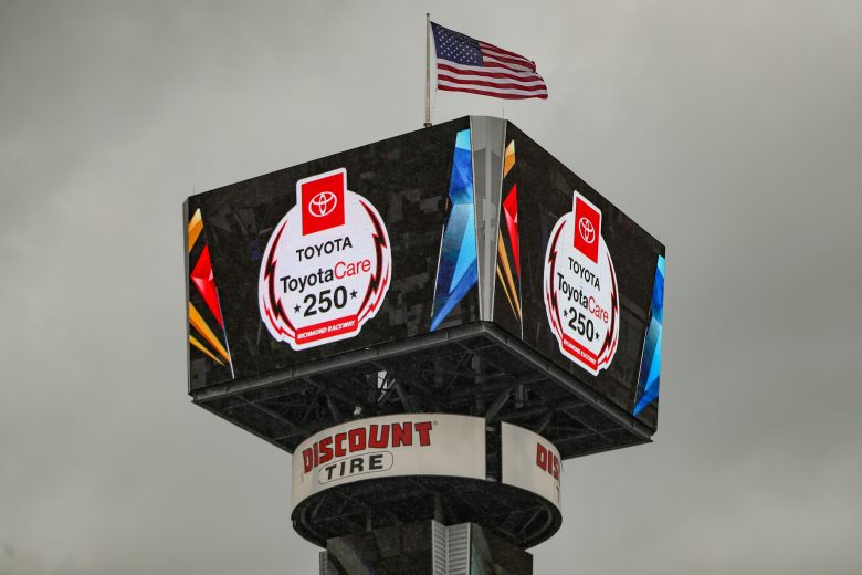 The big screen at Richmond displays the Xfinity race logo