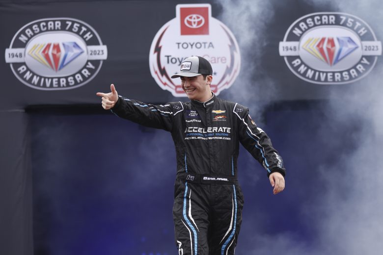Sam Mayer points during driver intros