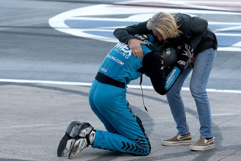Carson Hocevar celebrates win at Texas.