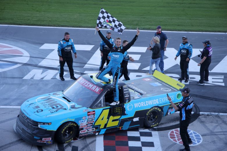 Carson Hocevar celebrates win at Texas.