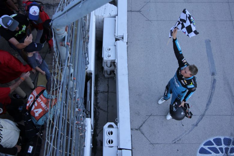 Carson Hocevar celebrates win at Texas.