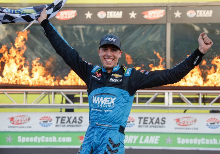 Carson Hocevar celebrates in Victory Lane.