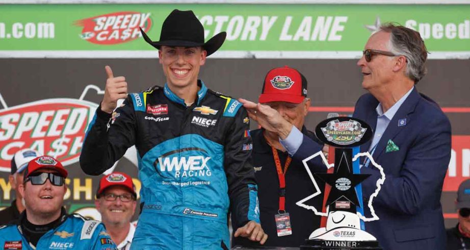 Carson Hocevar celebrates in Victory Lane.