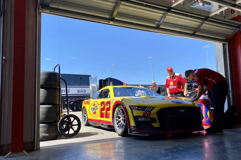 Joey Logano's car sits in the Richmond garage