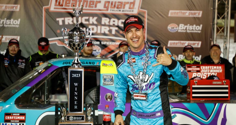 Joey Logano celebrates in Victory Lane