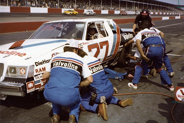 DARLINGTON, SC - APRIL 12, 1981: Cale Yarborough pits his M.C. Anderson-owned Valvoline Buick during the running of the CRC Chemicals Rebel 500 NASCAR Cup race at Darlington Raceway. Engine failure dropped Yarborough to a 26th-place finish. (Photo by ISC Images and Archives via Getty Images)