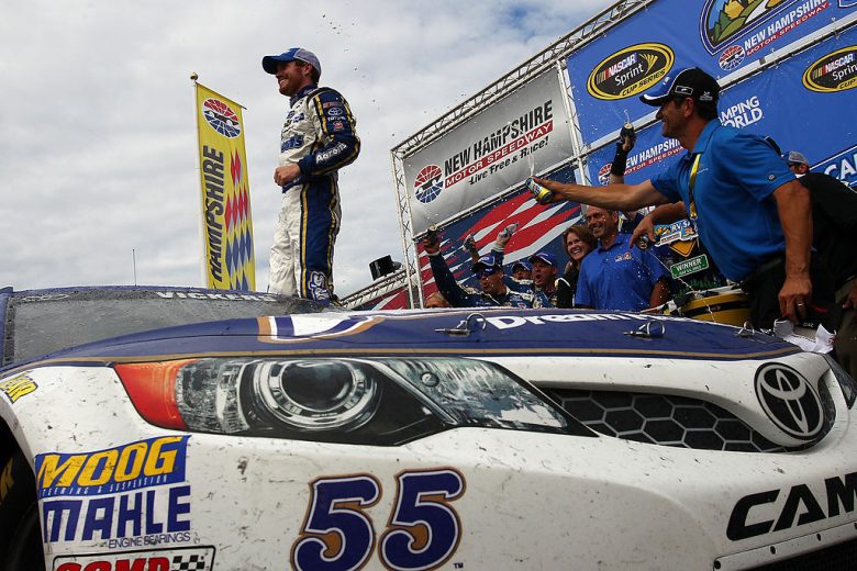 Brian Vickers celebrates win at New Hampshire Motor Speedway.