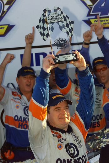 Joe Nemechek celebrates win at Rockingham Speedway.