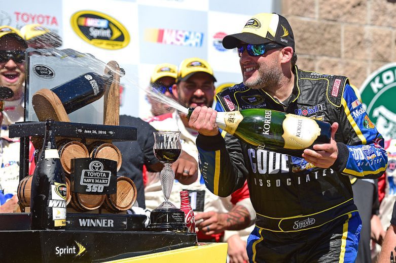 Tony Stewart celebrates win at Sonoma Raceway.