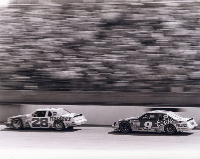 TALLADEGA, AL - MAY 5, 1985: Bill Elliott (No. 9) won the Winston 500. Cale Yarborough (No. 28) came in third on May 5, 1985 at the Talladega Speedway in Talladega, Alabama. (Photo by ISC Archives/CQ-Roll Call Group via Getty Images)