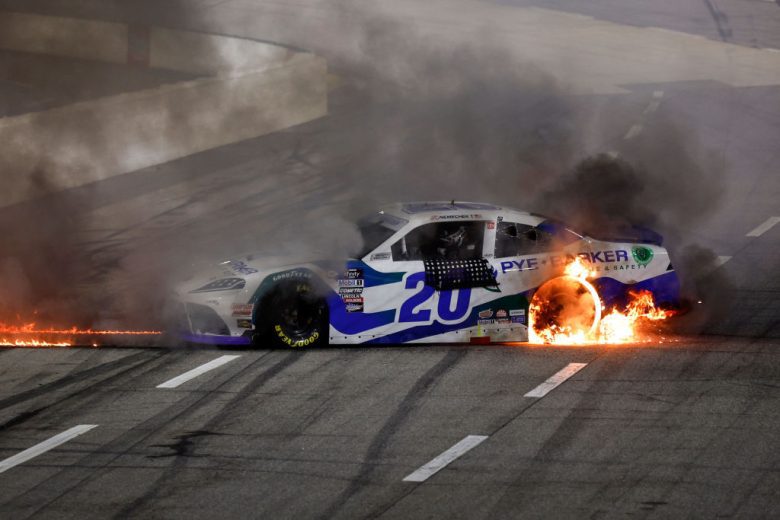 John Hunter Nemechek finishes burnout following Martinsville win.