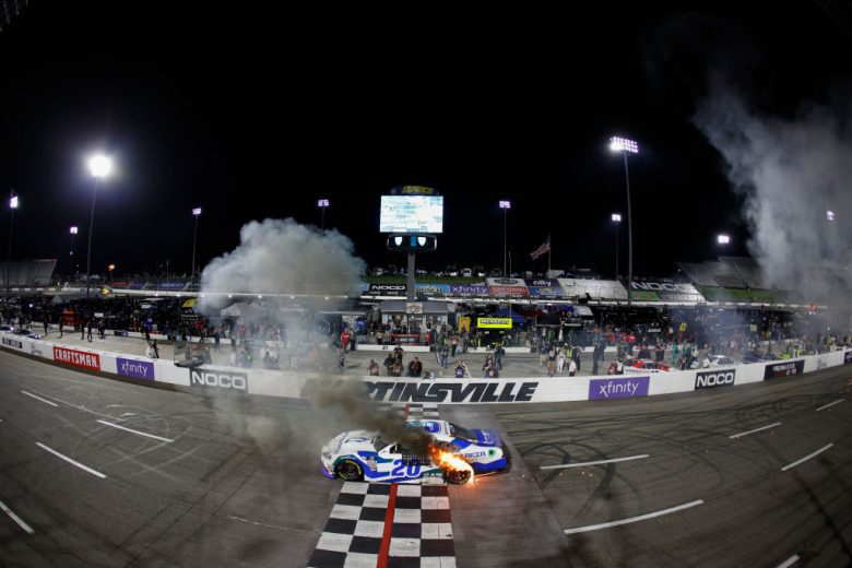 John Hunter Nemechek finishes burnout following Martinsville win.