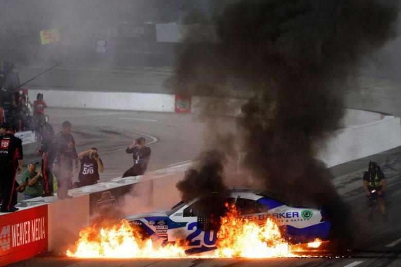John Hunter Nemechek finishes burnout following Martinsville win.