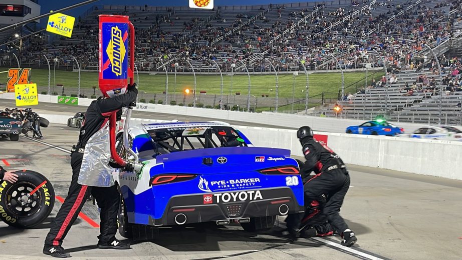 John Hunter Nemechek takes fuel on pit road.
