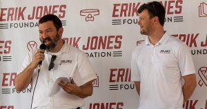 Foundation executive director Brent Nickola and Erik Jones make a presentation at a recent event.
