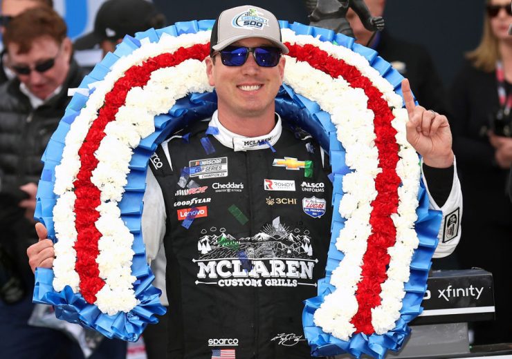 Kyle Busch celebrates in Victory Lane