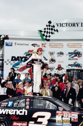 Dale Earnhardt celebrates in Victory Lane