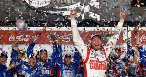 Dale Earnhardt Jr. celebrates win.