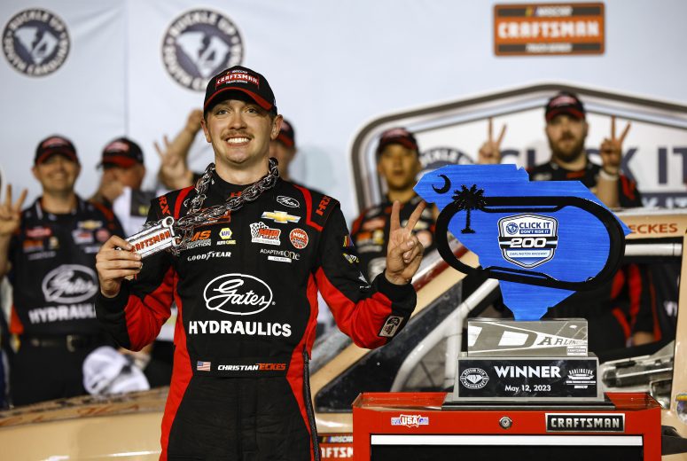 DARLINGTON, SOUTH CAROLINA - MAY 12: Christian Eckes, driver of the #19 Gates Hydraulics Chevrolet, celebrates in victory lane after winning the NASCAR Craftsman Truck Series Buckle Up South Carolina 200 at Darlington Raceway on May 12, 2023 in Darlington, South Carolina. (Photo by Jared C. Tilton/Getty Images)
