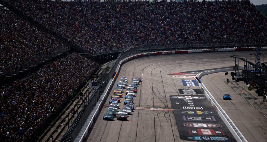 A general view of the NASCAR Cup Series field racing down the straightaway at Darlington Raceway.