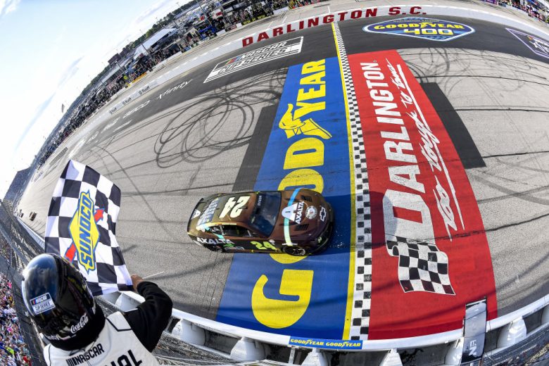 William Byron crosses the start/finish line at Darlington Raceway.