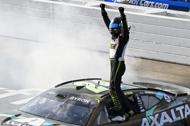William Byron celebrates win at Darlington Raceway.