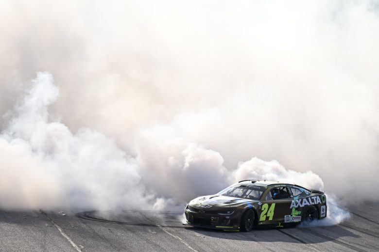 William Byron celebrates with victory burnout at Darlington Raceway.