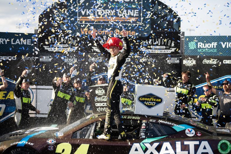 William Byron celebrates win at Darlington Raceway.