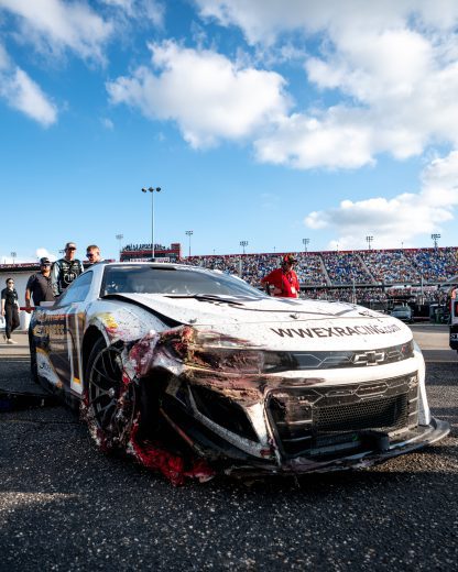 A general view of the damage sustained on Ross Chastain's No. 1 Chevrolet at Darlington Raceway.