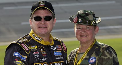 Joe Nemechek, driver of the No. 01 U.S. Army Chevrolet, poses with his mother Martha during qualifying for the NASCAR Nextel Cup Series UAW-Ford 500 on September 30, 2005 at the Talladega Superspeedway in Talladega, Alabama.