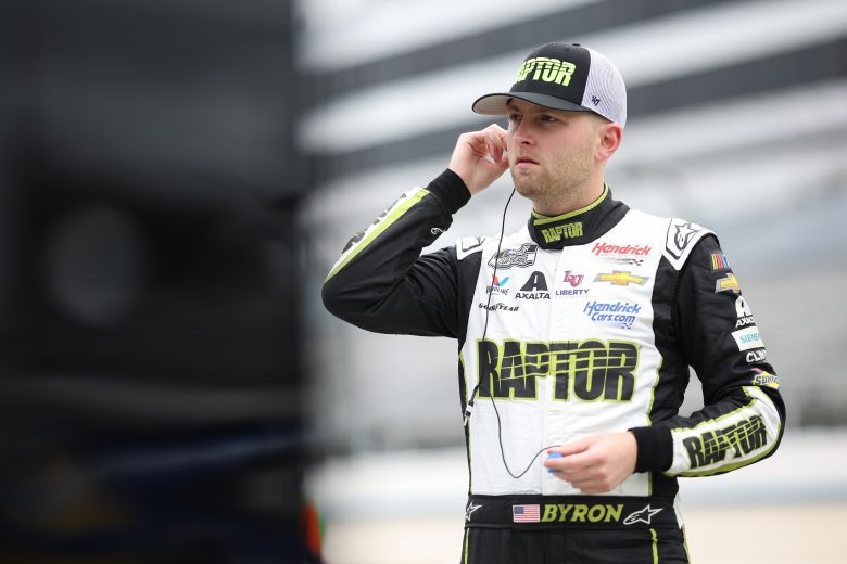 DOVER, DELAWARE - APRIL 29: William Byron, driver of the #24 RaptorTough.com Chevrolet, prepares to practice for the NASCAR Cup Series Würth 400 at Dover International Speedway on April 29, 2023 in Dover, Delaware. (Photo by James Gilbert/Getty Images)