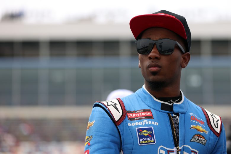 CONCORD, NORTH CAROLINA - MAY 26: Rajah Caruth, driver of the #24 Wendell Scott Foundation Chevrolet, looks on during qualifying for the NASCAR Craftsman Truck Series North Carolina Education Lottery 200 at Charlotte Motor Speedway on May 26, 2023 in Concord, North Carolina. (Photo by David Jensen/Getty Images)