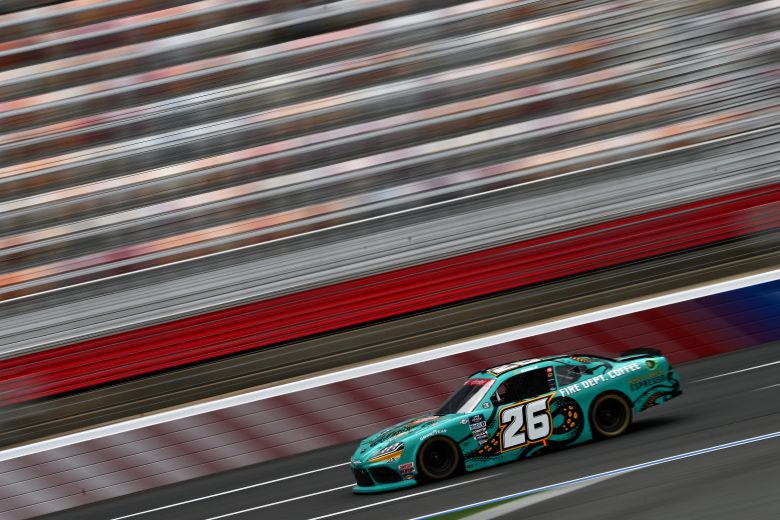 CONCORD, NORTH CAROLINA - MAY 26: Kaz Grala, driver of the #26 FDC Shellback Espresso Toyota, drives during practice for the NASCAR Xfinity Series Alsco Uniforms 300 at Charlotte Motor Speedway on May 26, 2023 in Concord, North Carolina. (Photo by Logan Riely/Getty Images)