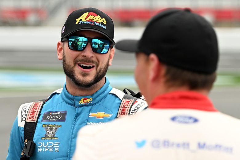 CONCORD, NORTH CAROLINA - MAY 26: Anthony Alfredo, driver of the #78 Andy's Frozen Custard Chevrolet, speaks with Cole Custer, driver of the #00 3D Systems Ford, on the grid during qualifying for the NASCAR Xfinity Series Alsco Uniforms 300 at Charlotte Motor Speedway on May 26, 2023 in Concord, North Carolina. (Photo by Logan Riely/Getty Images)