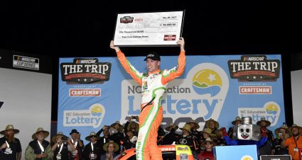 Ben Rhodes, driver of the No. 99 Campers Inn RV Ford, celebrates in Victory Lane after winning the NASCAR Craftsman Truck Series North Carolina Education Lottery 200 at Charlotte Motor Speedway on May 26, 2023 in Concord, North Carolina.