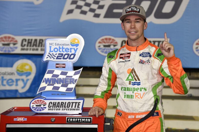 Ben Rhodes celebrates in Victory Lane at Charlotte Motor Speedway