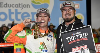 Ben Rhodes, driver of the No. 99 Campers Inn RV Ford, celebrates in Victory Lane after winning the NASCAR Craftsman Truck Series North Carolina Education Lottery 200 at Charlotte Motor Speedway on May 26, 2023 in Concord, North Carolina.