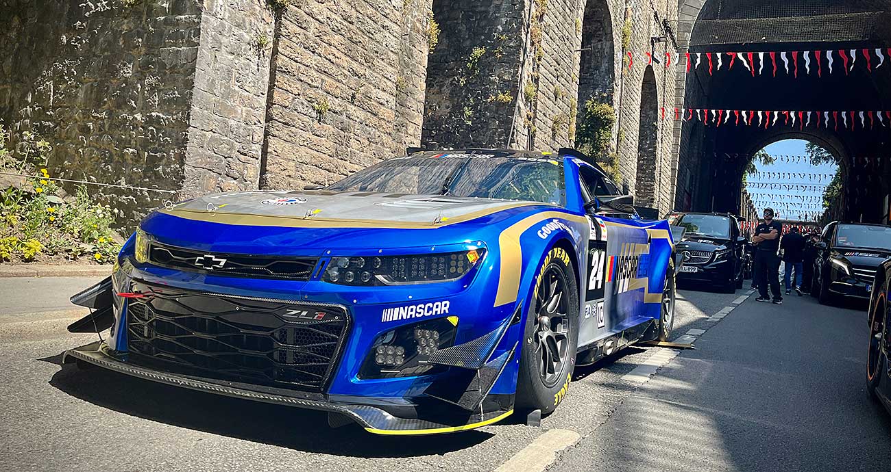 The Garage 56 Chevrolet Camaro ZL1 sits on Rue Wilbur Wright after Saturday's post-scrutineering parade through Le Mans