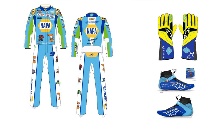 A general rendition of Chase Elliott's DESI9N TO DRIVE fire suit.