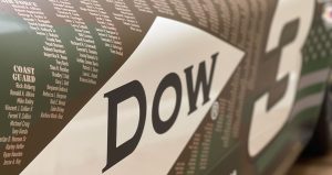 An up-close view of the No. 3 Dow Chevrolet to be driven by Austin Dillon, featuring the names of 2,131 veterans.