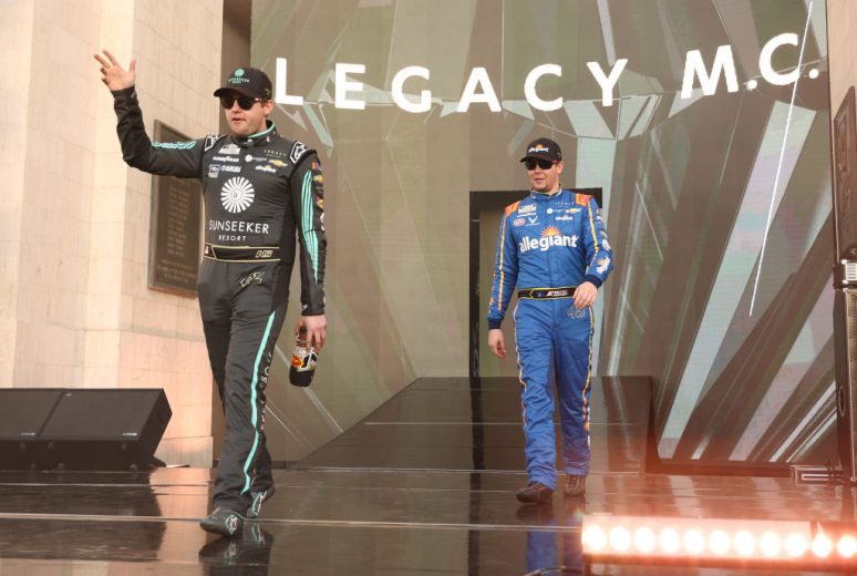 Erik Jones and Noah Gragson wave to the crows