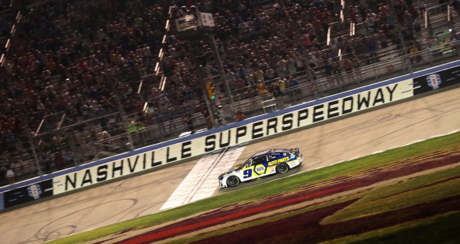 Chase Elliott crosses the finish line to win the 2022 Cup race at Nashville Superspeedway.