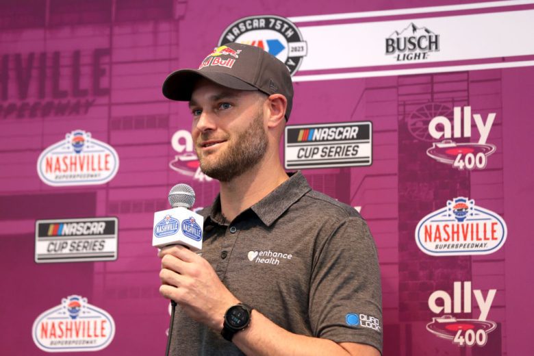 Shan van Gisbergen talks with media.